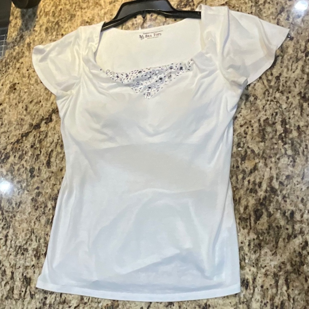 Bra Tops White Scoopneck Draped Capsleeve Top w Rhinestone Embellishments Sz M